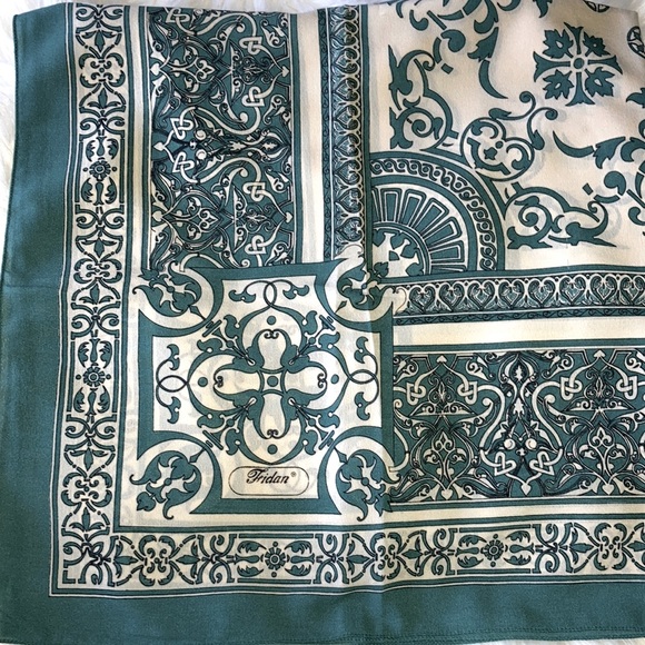 🤩BOGO!. FRIDAN geometric design scarf, 36” sq. blued green, wh. & blk - Picture 3 of 6